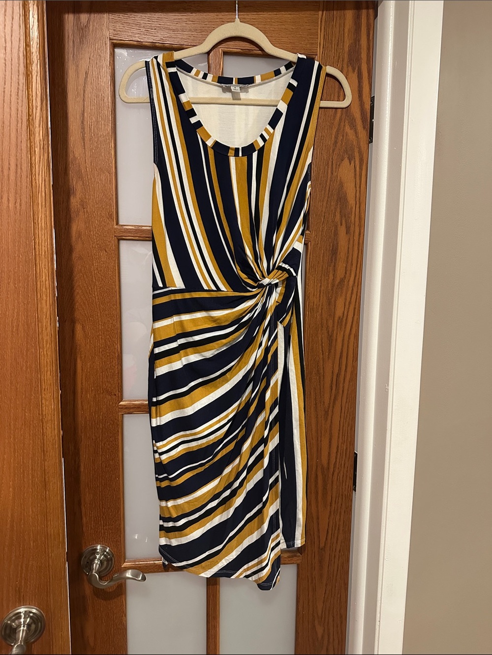 Allison Joy Navy, Mustard & White Knot-Detail Striped Midi Dress